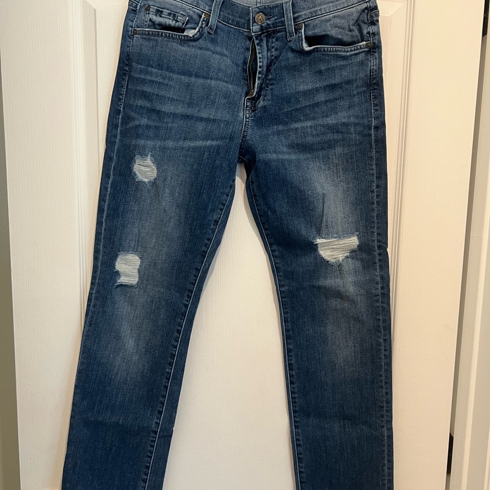7 For All Mankind Blue Skinny Jeans with Distressed Details
